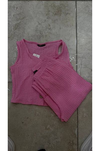 Gugus Women's Seersucker Vest Bottom/Upper Set Wide Leg High Waist Wide Leg Model