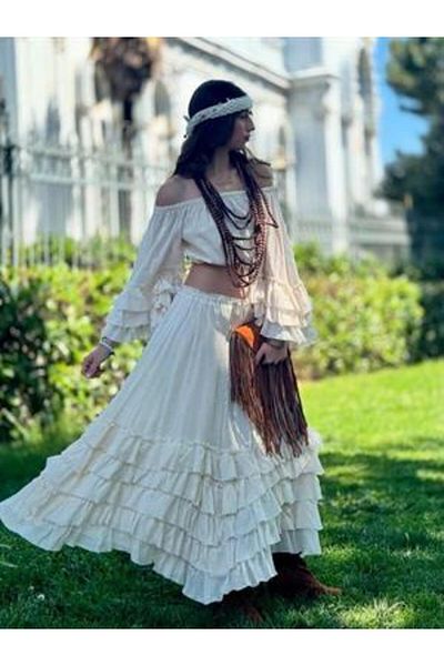 EREN STYLE Bohemian Gypsy Ruffled Spanish Sleeve Strapless Blouse-Skirt Set