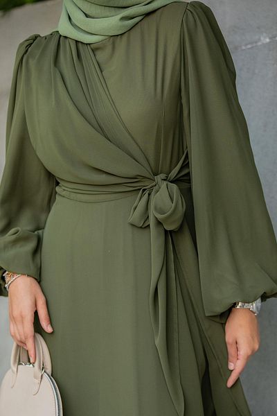 Tesettür Çarşım Delicate Matte Chiffon Hijab Evening Dress-Khaki