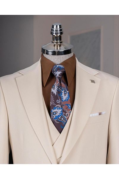 TerziAdemAltun Italian Style Slim Fit Jacket Vest Pants Suit Beige T14385