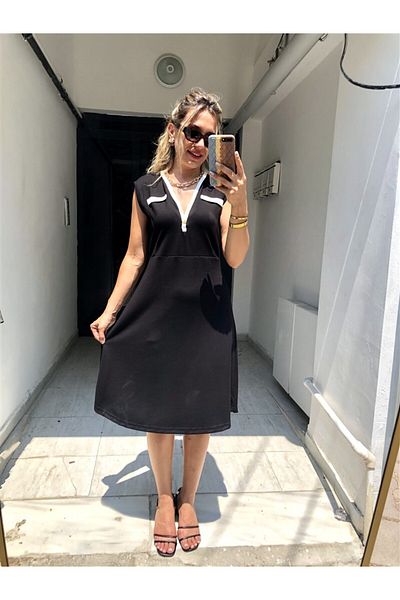 Gözde Tasarım Butik Women's Black Color V-Necklace Modal Fabric Blouse Short Dress