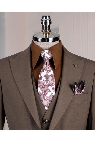 TerziAdemAltun Italian Style Slim Fit Jacket Vest Pants Suit Brown T14144