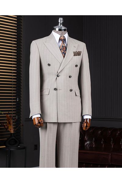 TerziAdemAltun Italian Style Double-Breasted Jacket Pants Suit Beige T14133