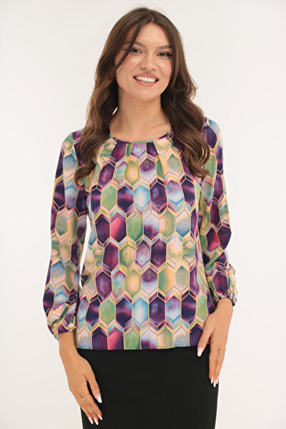 Vanessa Line RO Bluza cu print geometric verde-mov si cu pliuri la decolteu