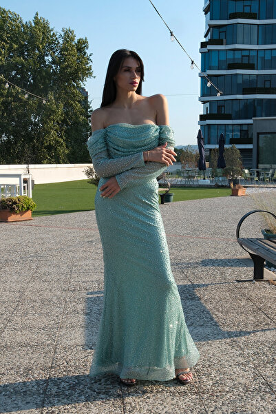 Feminist Kayık Yaka Simli Uzun Kol Abiye Mint 9705266