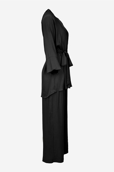 birizmoda Women's Satin Fabric Belted Kimono Set-Black