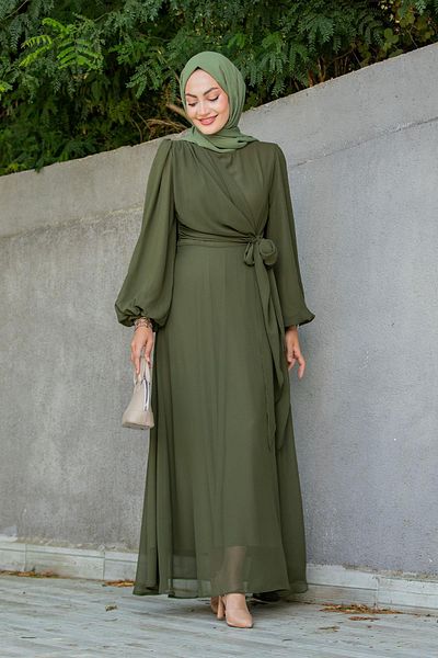Tesettür Çarşım Delicate Matte Chiffon Hijab Evening Dress-Khaki