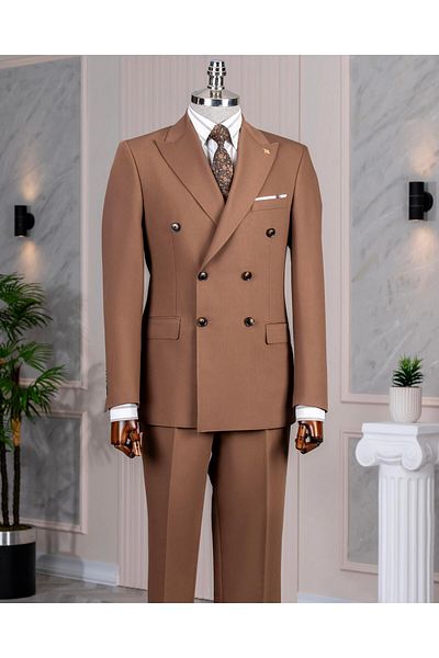 TerziAdemAltun Italian Style Double Breasted Jacket Pants Suit Brown T14192