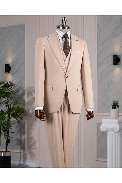 TerziAdemAltun Italian Style Slim Fit Jacket Vest Pants Suit Beige T14184