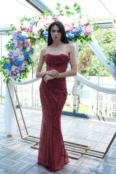 Feminist Sequin Stone Embroidered Strapless Fish Evening Dress Burgundy 9705304