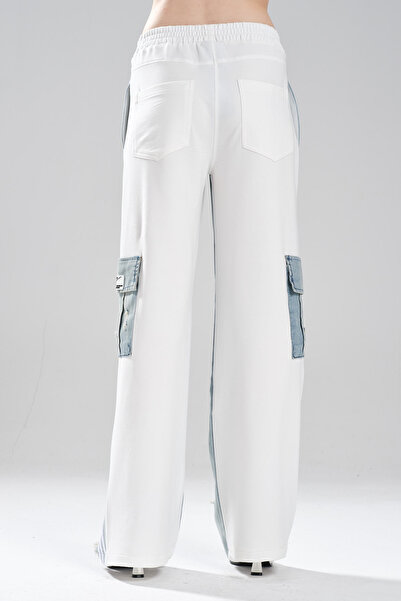 tw3 Women's Knitted Back Denim Stripe Detailed Design Palazzo Fit Trousers