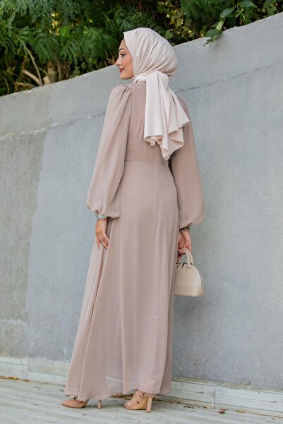 Tesettür Çarşım Narin Mat Şifon Tesettür Abiye-Bej