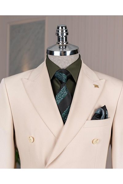 TerziAdemAltun Italian Style Double-Breasted Jacket Pants Suit Beige T14191