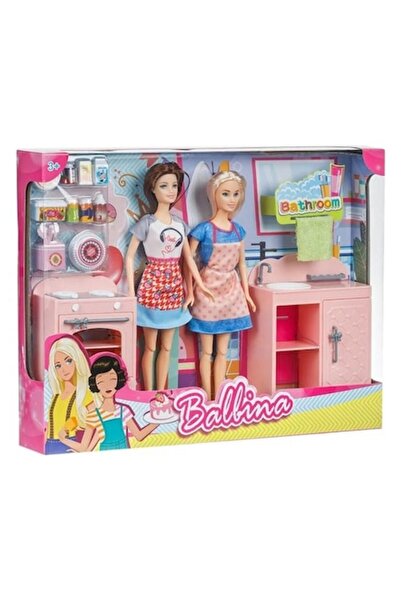 ANGMAD Set de joacă cu 2 păpuși în baie și bucătărie cu accesorii