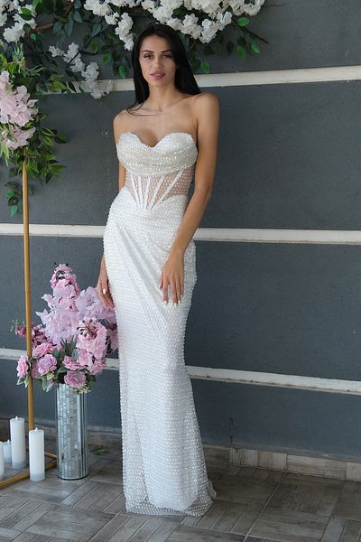 Feminist Sequins Stone Embroidered Strapless Fish Evening Dress White 9705304