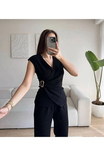 Zoom Butik Buckle Double Breasted Trousers Suit - Black