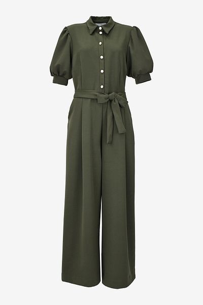 birizmoda Women's Balloon Sleeve Button Detailed Belted Jumpsuit - Khaki