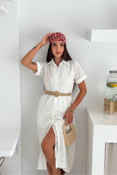 Neşeli Butik Women White Shirt Collar Embroidery Straw Belt Dress Nbk064