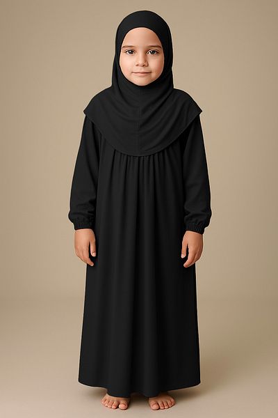 Mesa Charm One Piece Organic Cotton Hijab Plug and Remove Hijab Children's Prayer Dress Black