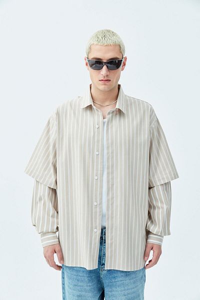 VAMOSCLO SLEEVE DETAIL OVERSIZE STRIPED SHIRT-MINK