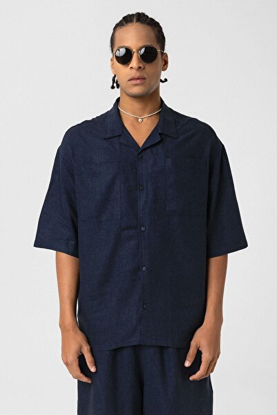 VAMOSCLO Double Pocket Oversize Linen Shirt Navy Blue