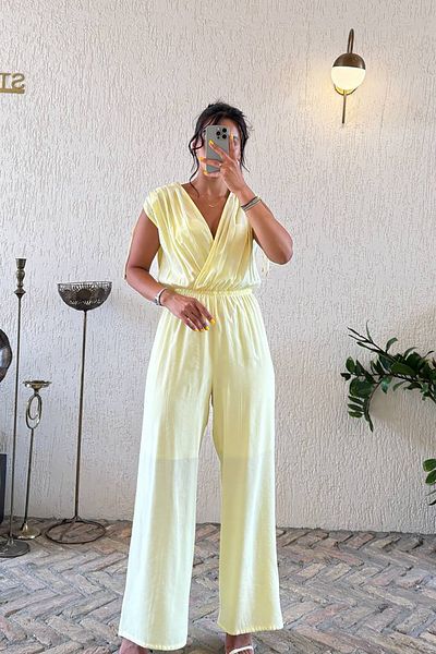 Neşeli Butik Women's Yellow Double Breasted Collar Summer Jumpsuit Nbmy3805