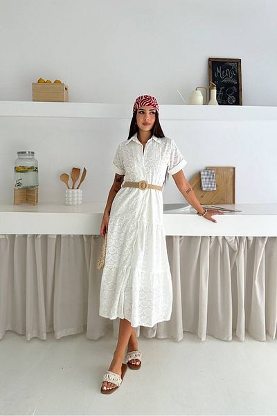Neşeli Butik Women White Shirt Collar Embroidery Straw Belt Dress Nbk064