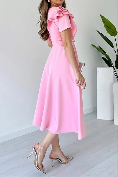 Neşeli Butik Women Pink Sleeve Ruffle Belt Midi Length Dress Nbk063