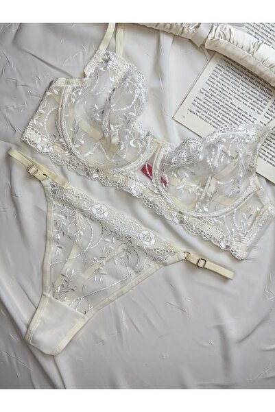 ROZENİN LINGERIE Великий розмір мереживний прозорий комплект бюстгальтера