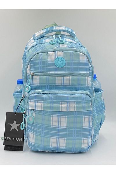 Harmela Water Resistant Fabric Plaid Blue Unisex School Backpack A3113