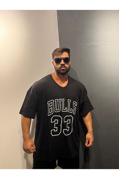 Bas Body FitnessWear Bulls Printed Black Battal Plus Size T-Shirt