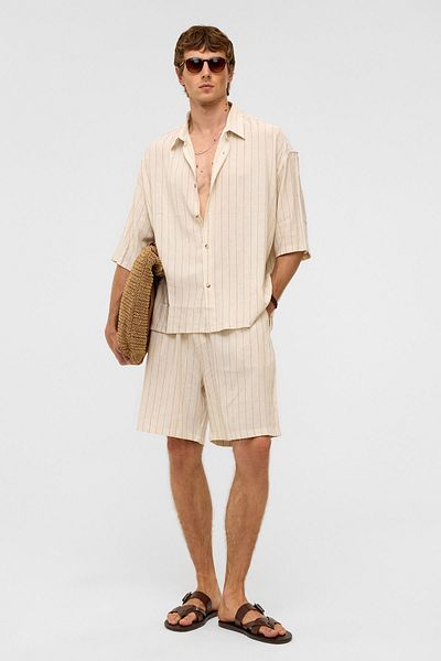 VAMOSCLO Oversize Striped Short Sleeve Linen Shirt Mink