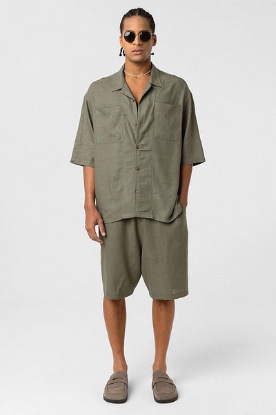 VAMOSCLO Double Pocket Oversize Linen Shirt Khaki
