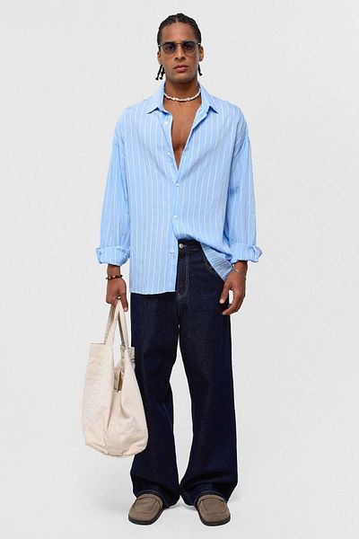 VAMOSCLO Oversize Striped Long Sleeve Shirt Baby Blue