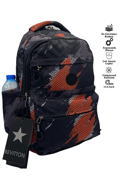 betto's Water Resistant Fabric School Bag Unisex School Backpack 20289 Black-Orange