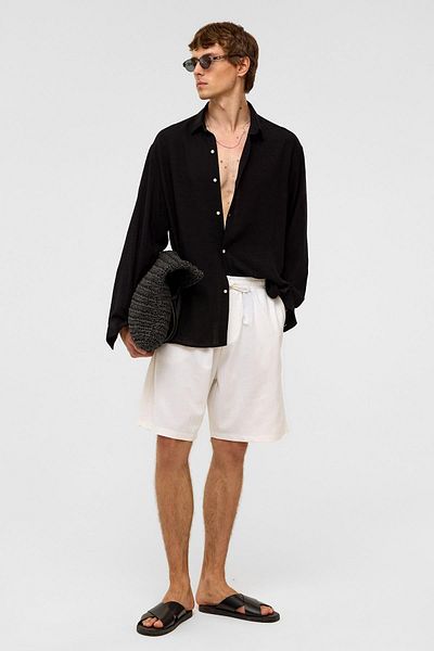 VAMOSCLO Oversize Long Sleeve Linen Shirt Black