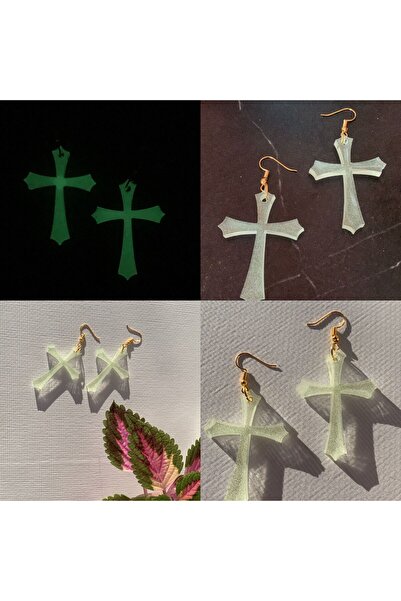 MISS GOLDEN Fosforlu Yeşil Neon Haç ve Kılıç Şekil Gold Aksesuarlı Küpe El Ya...