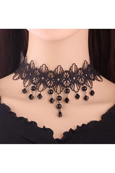 Yıldız Accessory Stylish Gothic Modern Black Lace Beaded Choker Necklace