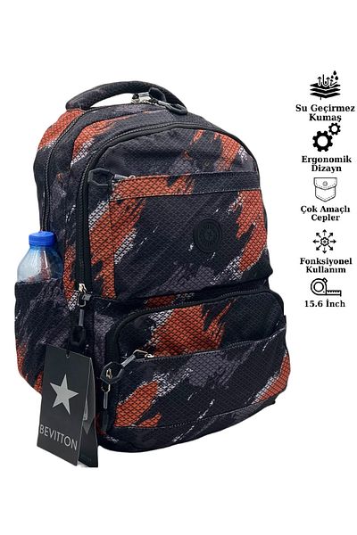 Harmela School Bag Proof Fabric Unisex Black Orange Patterned School Backpack 20257