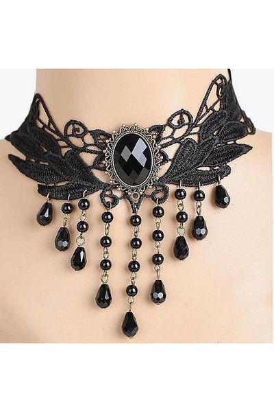 Yıldız Accessory Gothic Modern Black Lace Beaded Choker Necklace