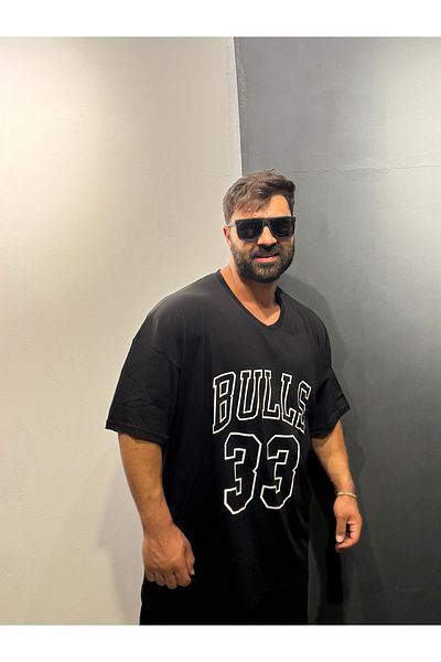 Bas Body FitnessWear Bulls Printed Black Battal Plus Size T-Shirt