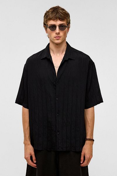 VAMOSCLO Oversize Striped Short Sleeve Modal Fabric Shirt Black