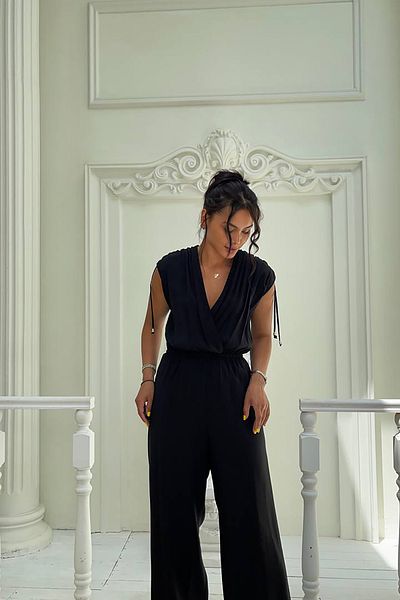 Neşeli Butik Women's Black Double Breasted Collar Summer Jumpsuit Nbmy3805
