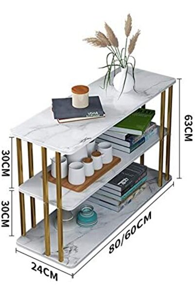 Türkiye Nordic Imitation Marble Sofa Side Table Living Room 3-Tier Storage Shelf Rectangle Golden Wrought Ir