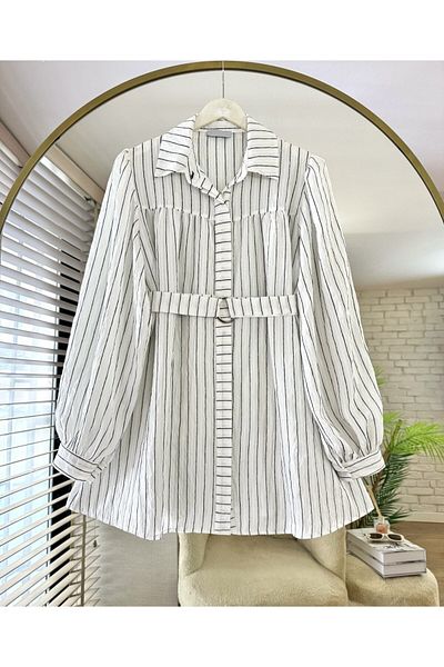 ensade Striped Belted Button Detail Long Sleeve Women's Shirt – Stylish and Comfortable Design