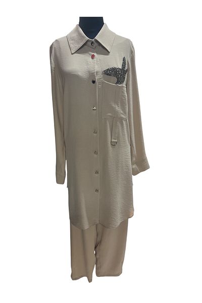FATMA DANIŞMAN Large Size Pocket Stone Leaf Motif Tunic Suit