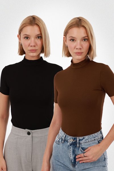 Yade Fashion Kadın Siyah Kahverengi 2'li Kısa Kol Bluz Set