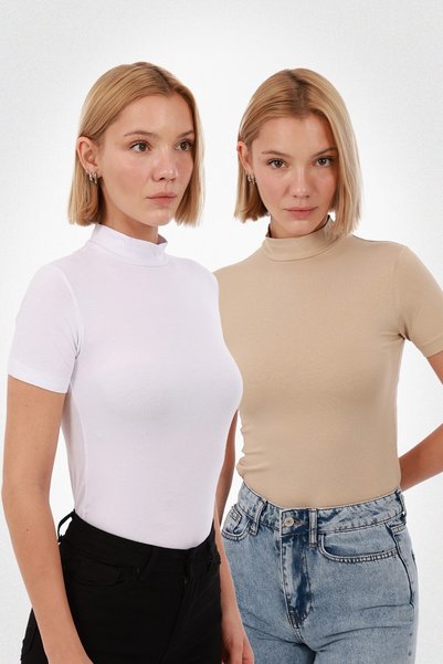 Yade Fashion Kadın Ekru Beyaz 2'li Kısa Kol Bluz Set