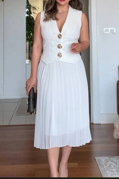 Moda Amore Premium Women's Evening Dress - Pi̇li̇si̇led Gold Button Detail Jacket Collar 420