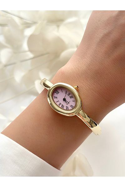 Forsining -(Gold Color) Pink Inner Dial Handcuff Model Minimal Case Women's Wrist Watch